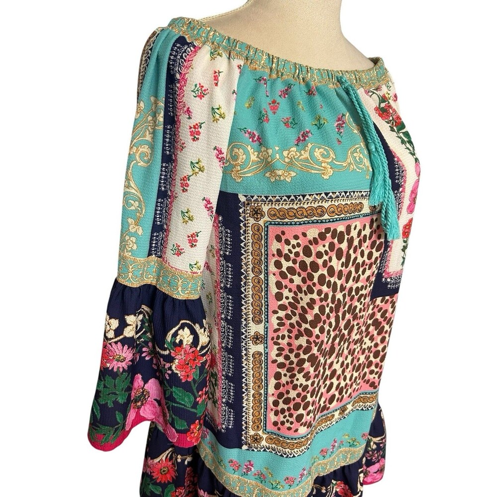Umgee Off the Shoulder Dress S  Boho Bell Sleeve Floral Animal Tassel Ruffle Hem - Picture 3 of 9